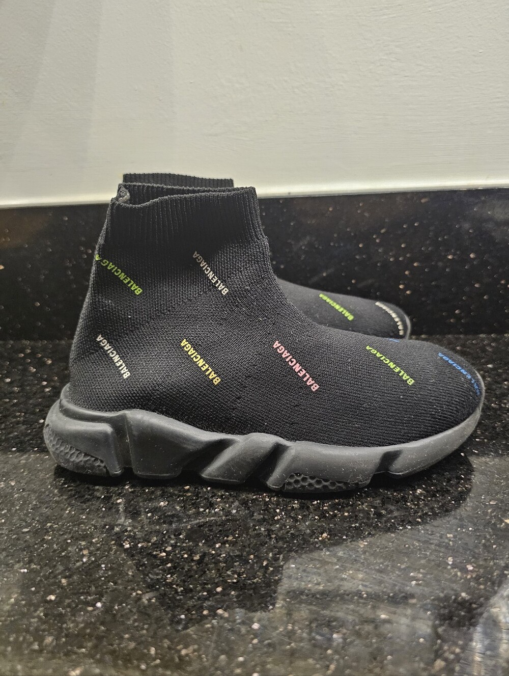 Balenciaga Black Knit Speed Trainer Sneakers with Multicolor Logos